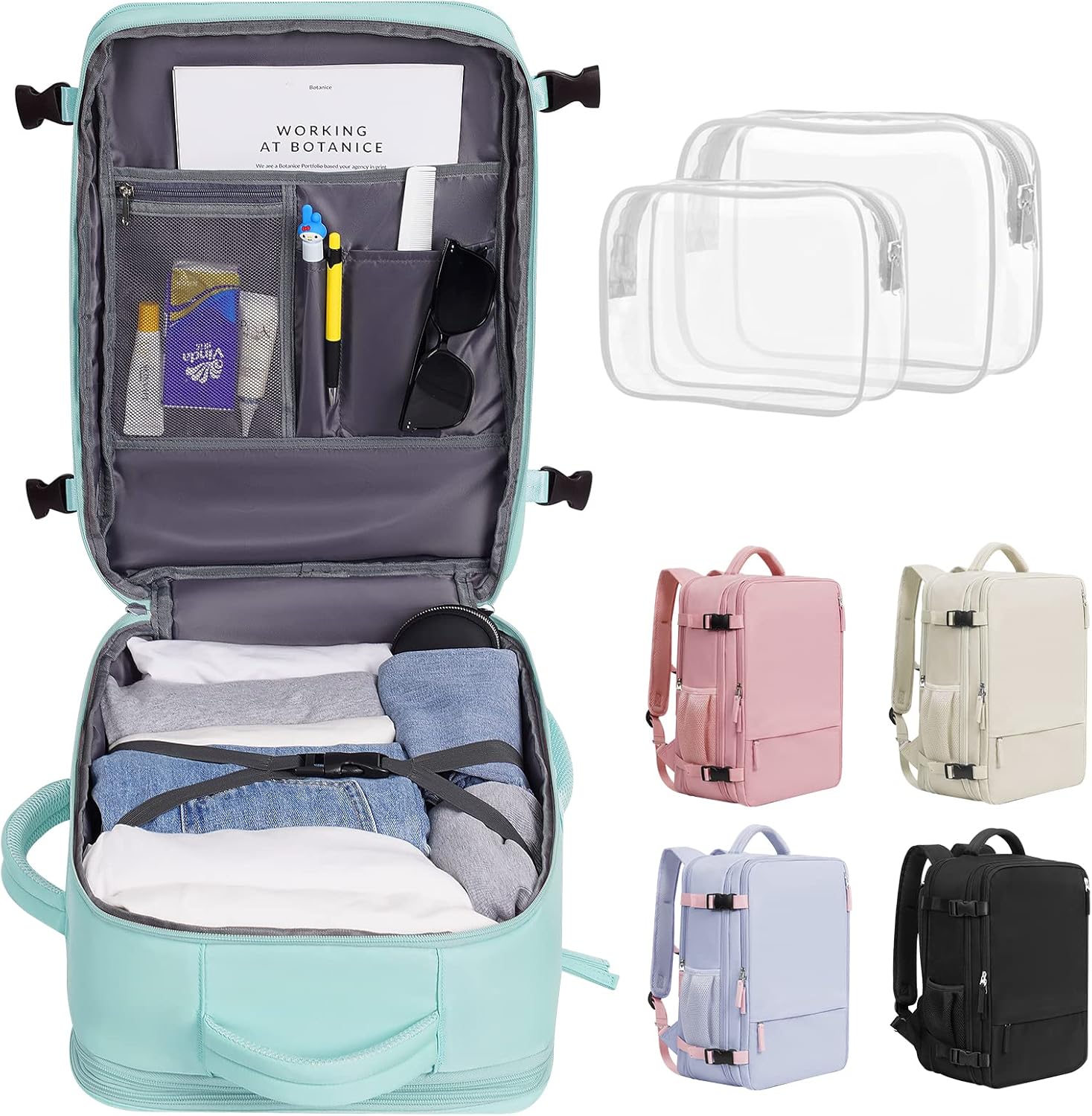 Getravel Mochila de mano aprobada por aerolíneas, mochila de viaje para hombres y mujeres, Azul claro-verde, Mochilas de viaje