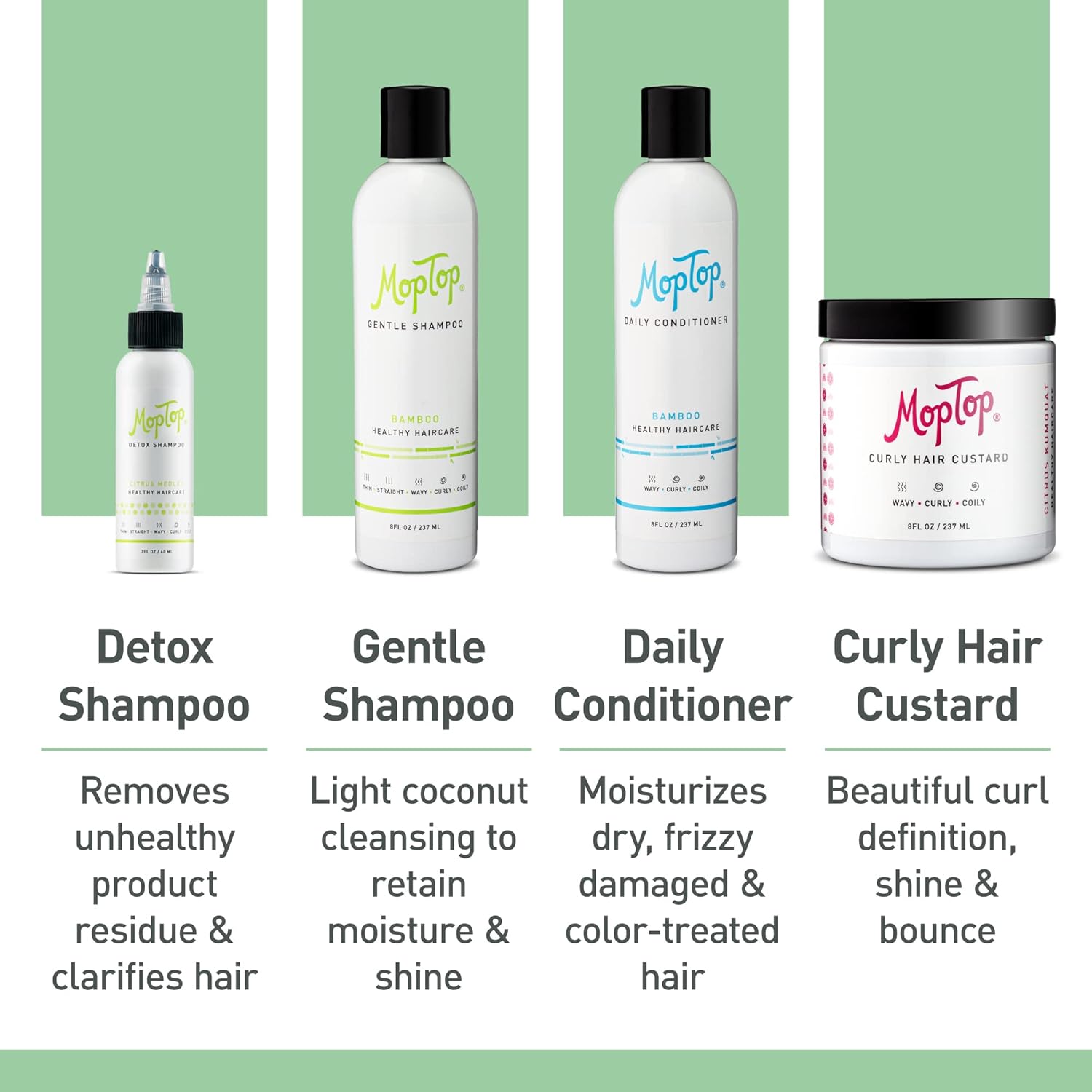 MopTop Juego de productos para el cabello rizado, rutina de tratamiento para cabello rizado, champú desintoxicante de 2 onzas, champú suave,
