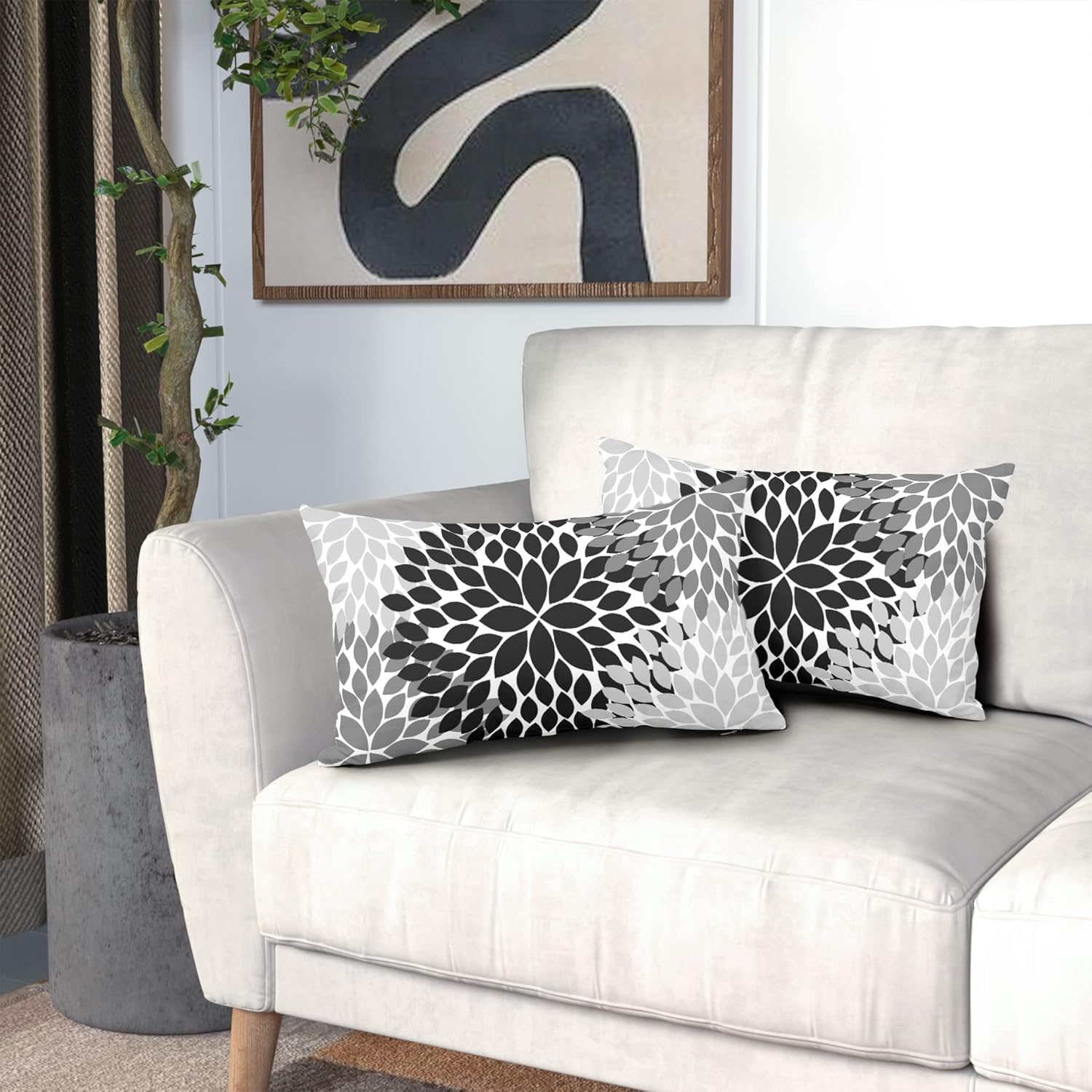 Juego de 2 fundas de almohada negras de 12 x 20 pulgadas, color negro, blanco, gris, dalias florales, geométricas, lumbar, fundas de almohada para