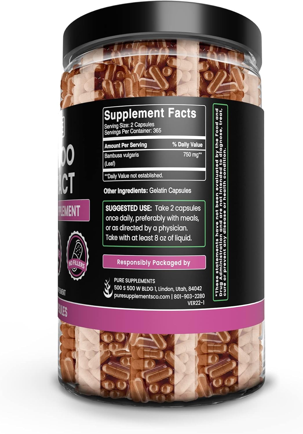 Pure Original Ingredients Extracto de bambú (730 cápsulas) sin rellenos de magnesio o arroz, siempre puro, verificado por laboratorio