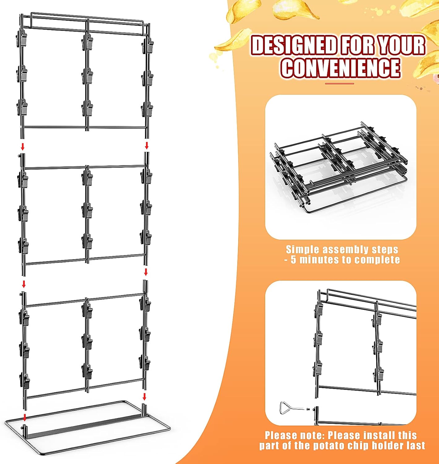 Eazy2hD Estante de patatas fritas mejorado con 54 clips, soporte de chips de 3 filas para fiestas, soporte para bolsas de chips de encimera,
