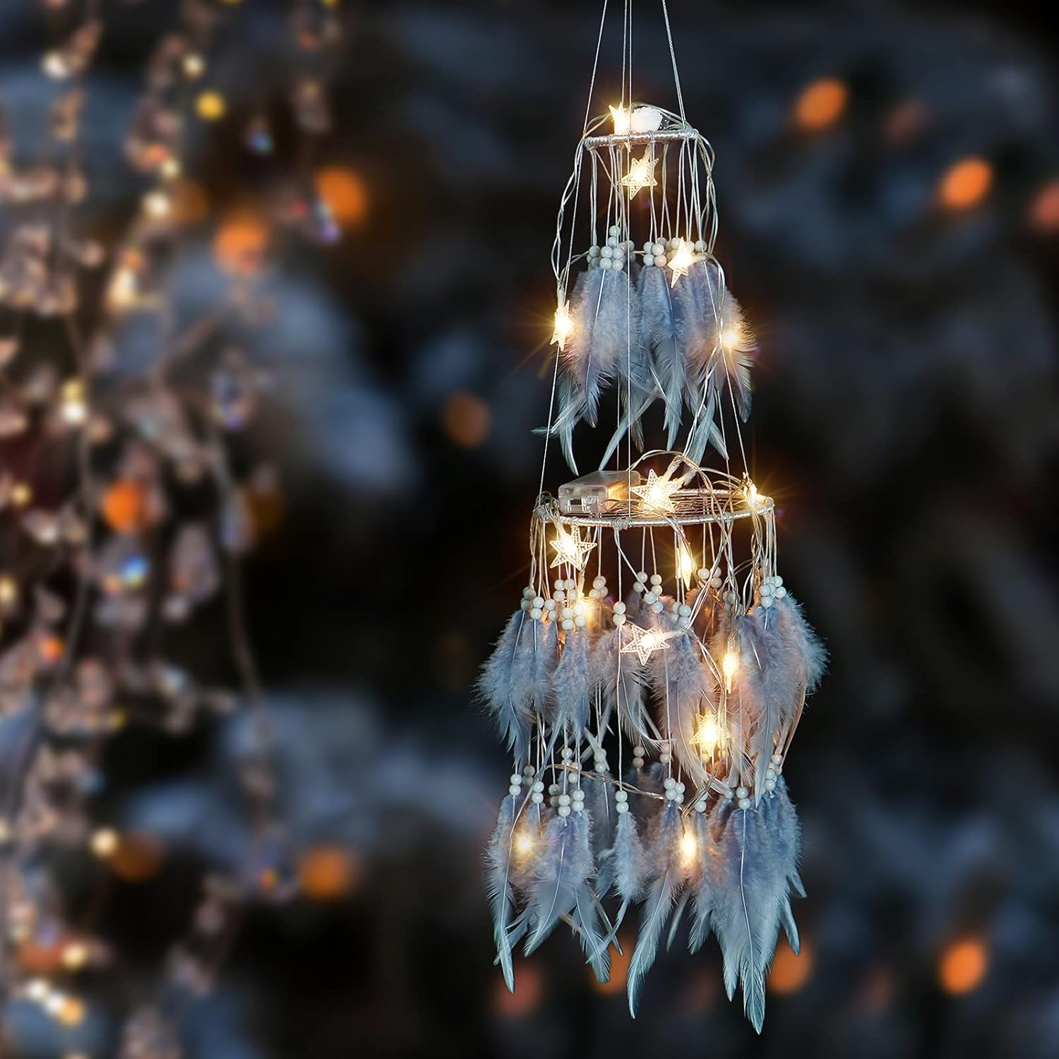 Dremisland Atrapasueños de plumas blancas de doble círculo con luces LED móviles, adornos para colgar en la pared, decoración de techo para