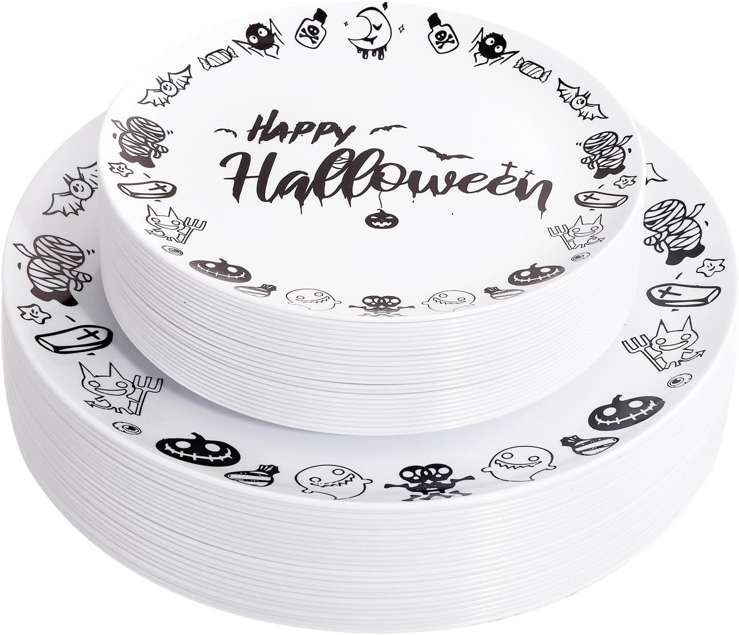 YOUBET 60 platos de Halloween, platos de plástico de Feliz Halloween, platos desechables blancos y negros, 30 platos de cena, 30 platos de postre,