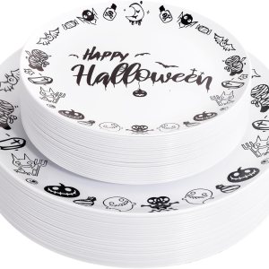 YOUBET 60 platos de Halloween, platos de plástico de Feliz Halloween, platos desechables blancos y negros, 30 platos de cena, 30 platos de postre, YOUBET 60 platos de Halloween, platos de plástico de Feliz Halloween, platos desechables blancos y negros, 30 platos de cena, 30 platos de postre,