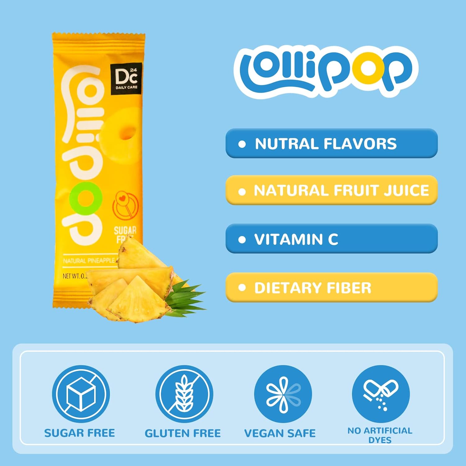 DC24 DAILY CARE Paletas sin azúcar con vitamina C, chupones saludables con xilitol, caramelo duro con sabor a fruta para niños, sin OMG, sin gluten,