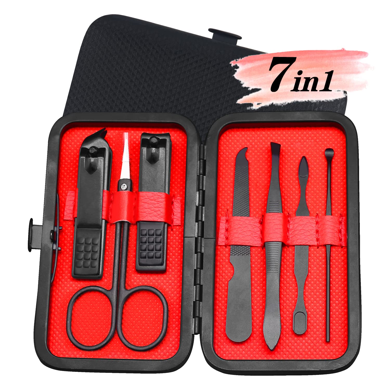 Juego de manicura y pedicura, kit de aseo de uñas para hombres, kit de uñas de viaje 7 en 1, juego de cortaúñas para uñas de los pies, color negro