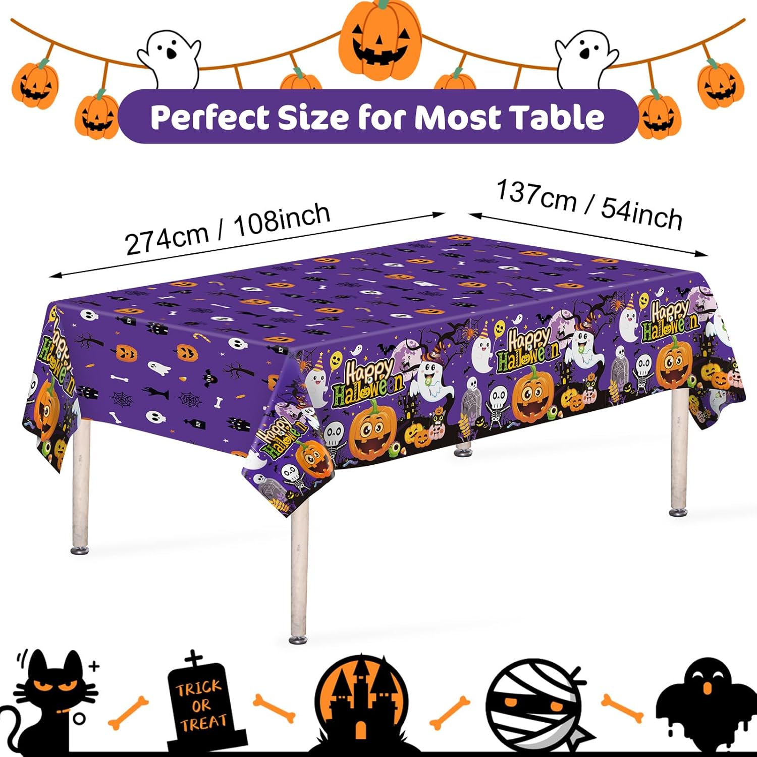 3 manteles de Halloween  Mantel de plástico con diseño de calabaza y fantasma, desechable, rectangular, color morado, para decoración de mesa de