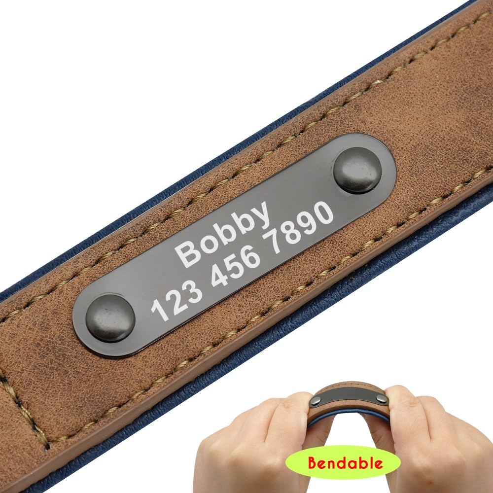 Didog Collares de cuero personalizados para perros con placa de identificación grabada, collares de perro acolchados personalizados grabados para
