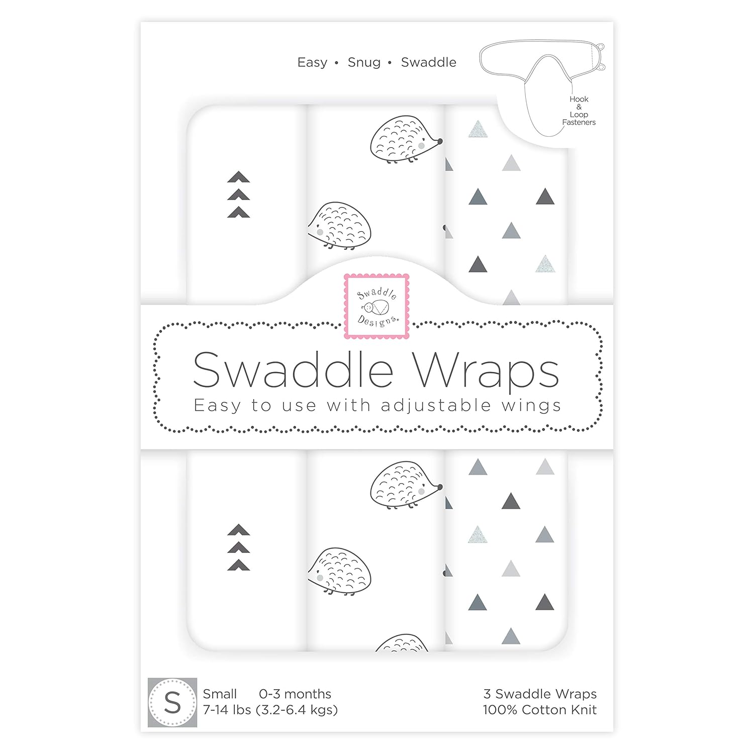 SwaddleDesigns Manta para envolver con envoltura ajustable, juego de 3, pequeño erizo, color negro