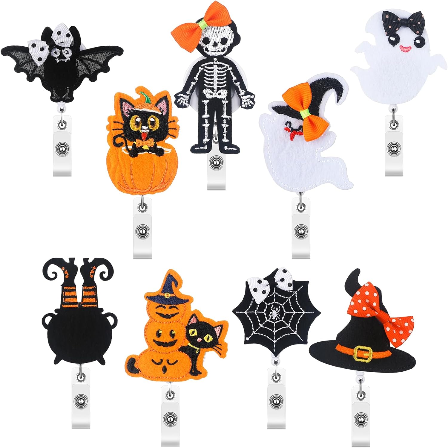 BBTO 9 carretes de insignia de Halloween con clip de fieltro, soporte retráctil para identificación de enfermera, fantasma, calavera, calabaza,