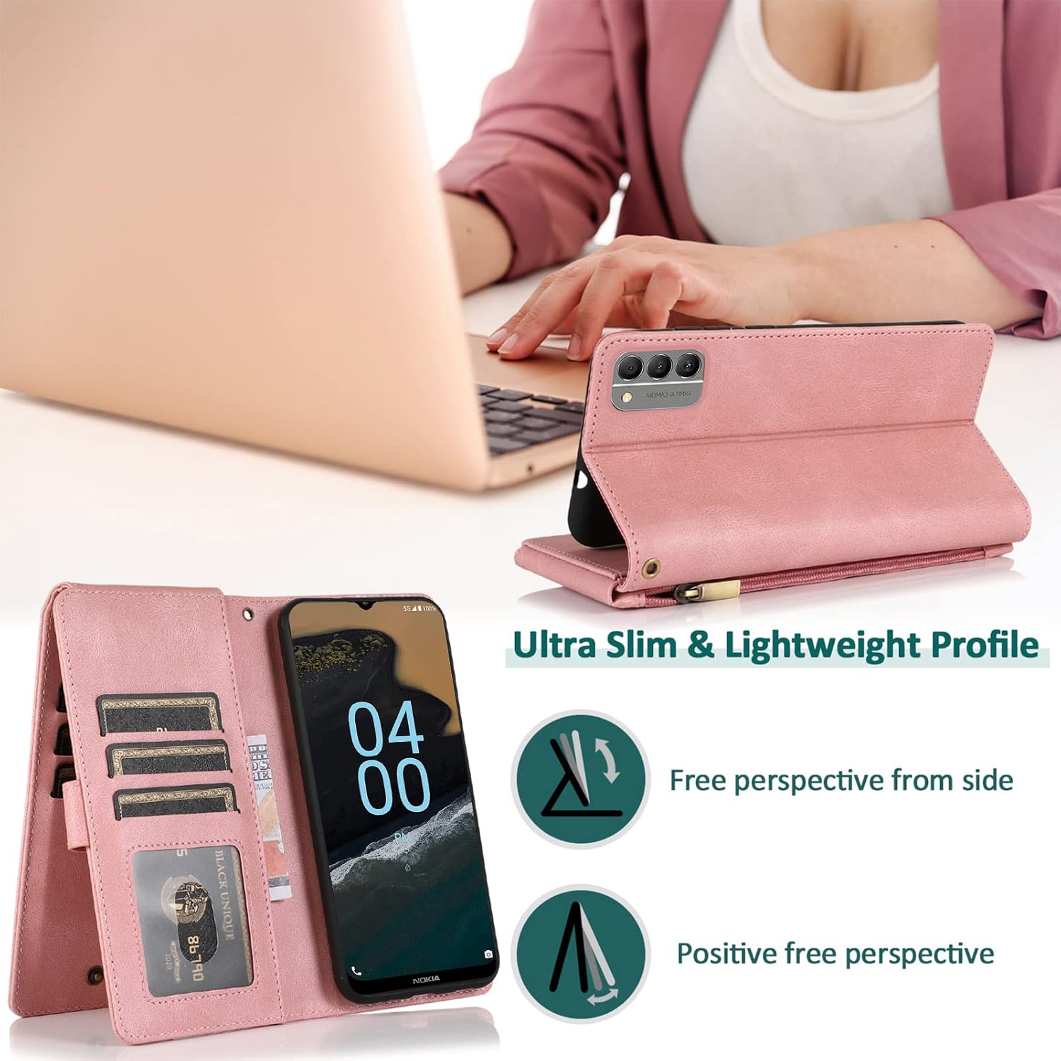 Asuwish Compatible con Nokia G400 5G – Funda tipo cartera de vidrio templado, protector de pantalla y cremallera, de piel retro, soporte para