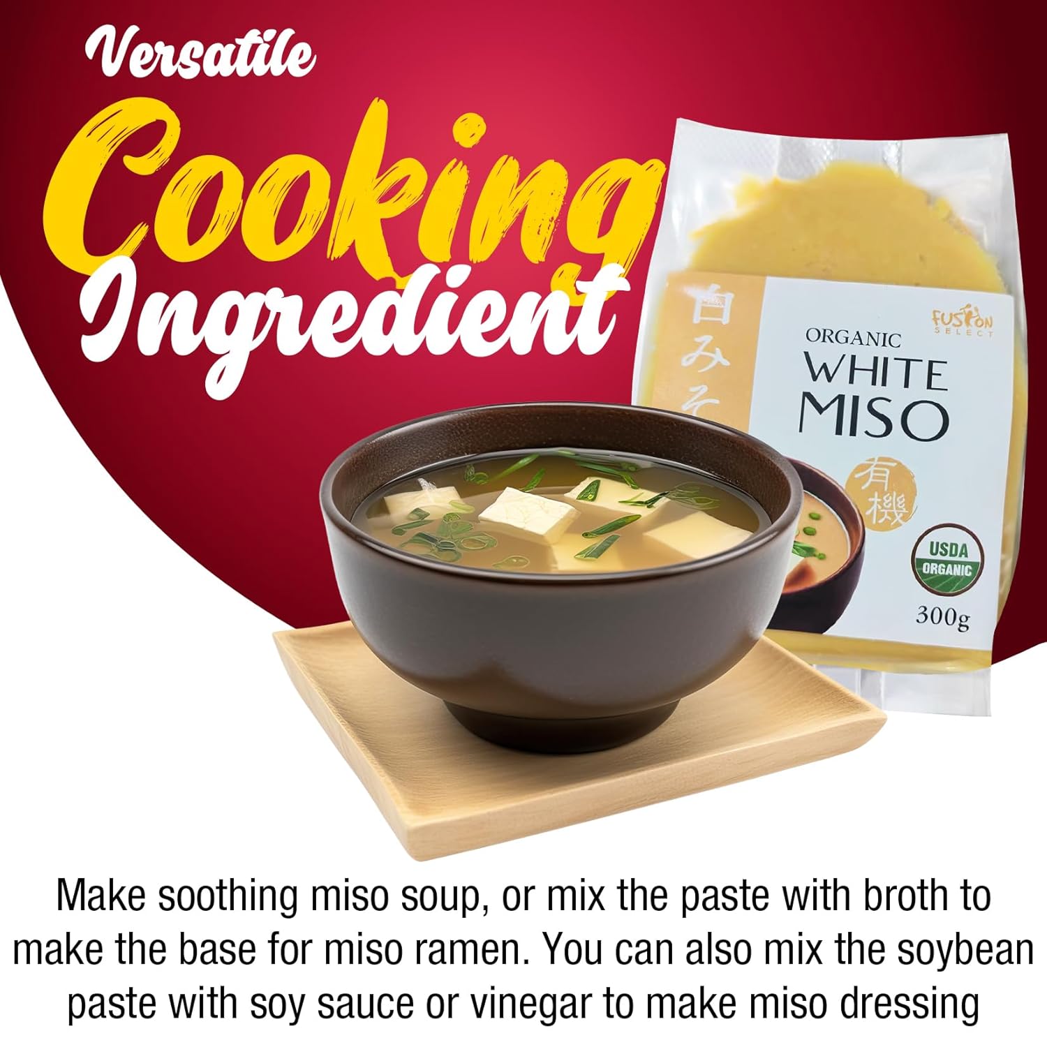 Fusion Select Pasta de miso blanca orgánica, hecha de soja fermentada y arroz, condimento japonés sabroso para cocinar base de sopa, caldo,