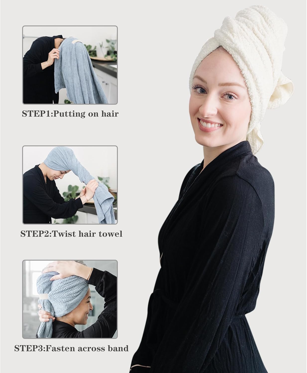 Paquete de 2 toallas grandes de microfibra para mujer, súper absorbentes y de secado rápido, para cabello rizado, largo y corto, turbantes
