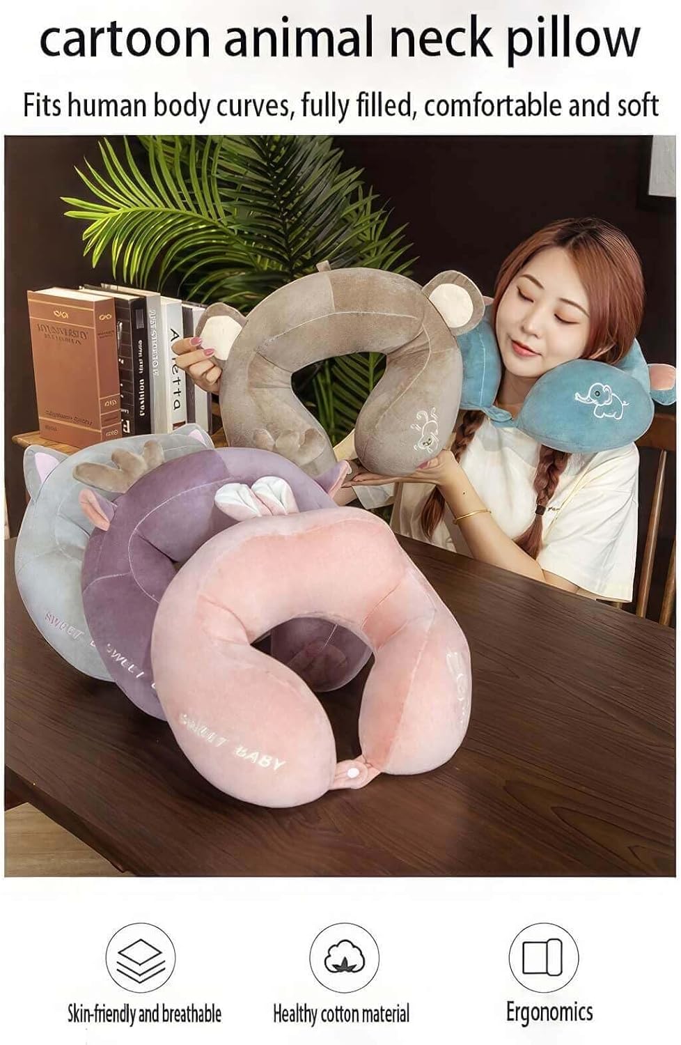 SKYBAT Cartoon animal U-shaped pillow, three-dimensional hump cervical pillow, office nap pillow, travel airplane neck pillow, suitable for children
