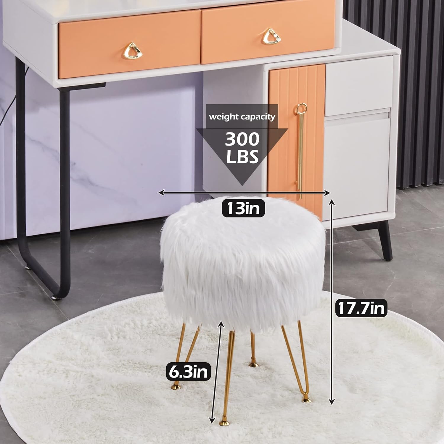 Mxfurhawa Taburete otomano redondo de almacenamiento de piel sintética, bandeja de grano de mármol, mesa de café, taburete compacto con 4 patas de