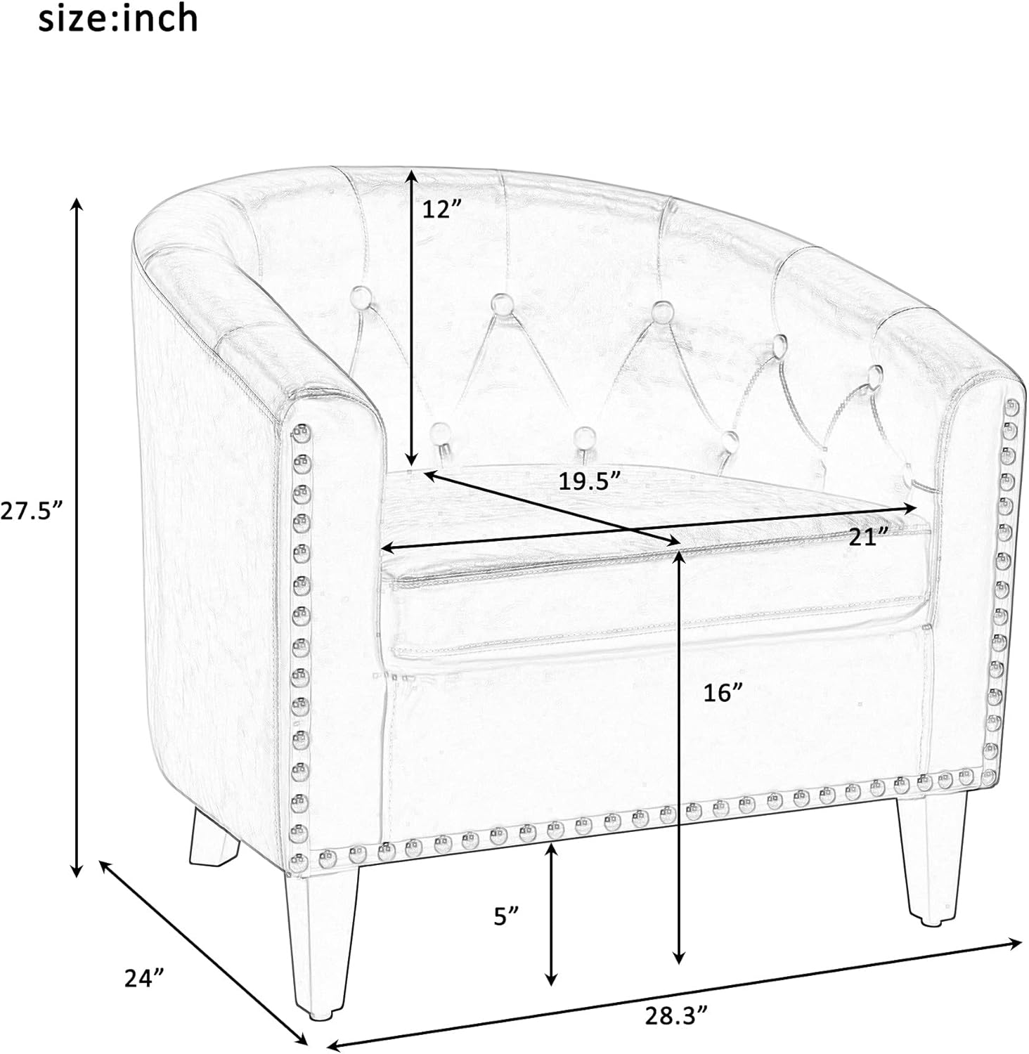 Sillón moderno para sala de estar, sillas de barril, silla de barril de tela de lino con decoración de remaches, sillas de barril decorativas para