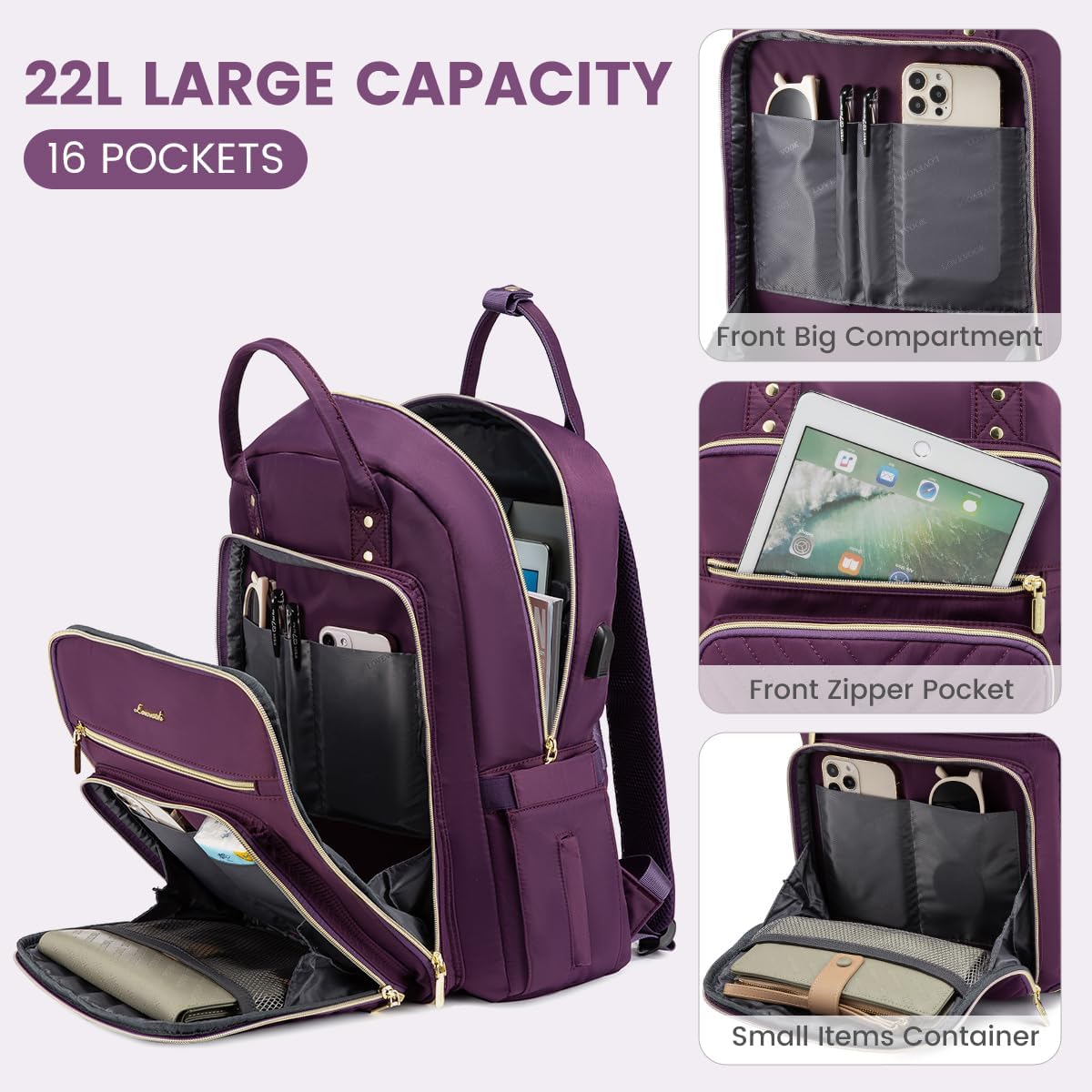 LOVEVOOK Mochila para laptop para mujer, mochila de trabajo de moda con puerto USB, mochilas impermeables para el trabajo., Púrpura, Mochila casual