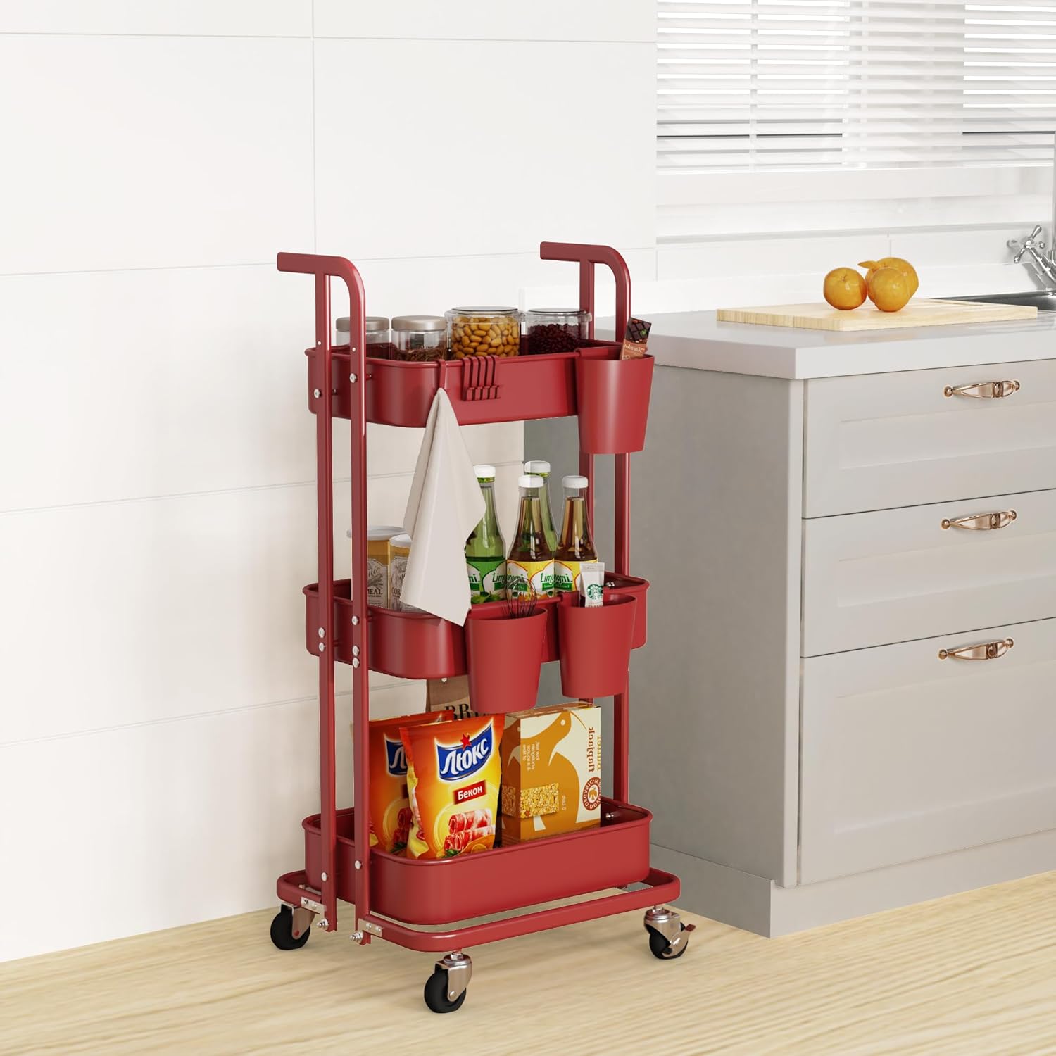 Carrito plegable de 3 niveles, carrito de metal con ruedas, 3 tazas colgantes y 6 ganchos, carrito plegable para sala de estar, cocina, baño,