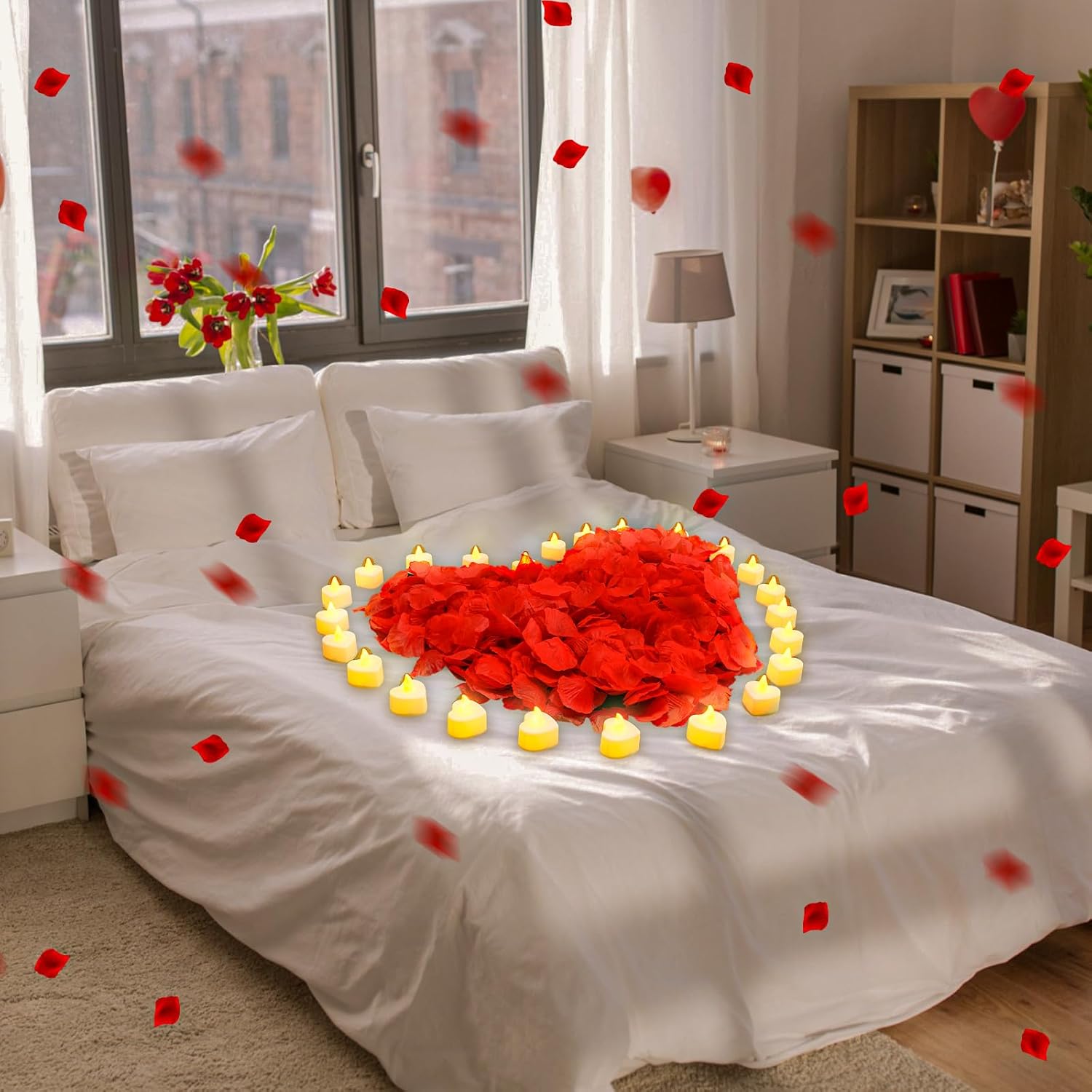 VIHOSE 4000 pétalos de rosa artificiales con 24 velas LED de té, velas LED sin llama, pétalos de rosa falsos para propuesta, boda, noche de San
