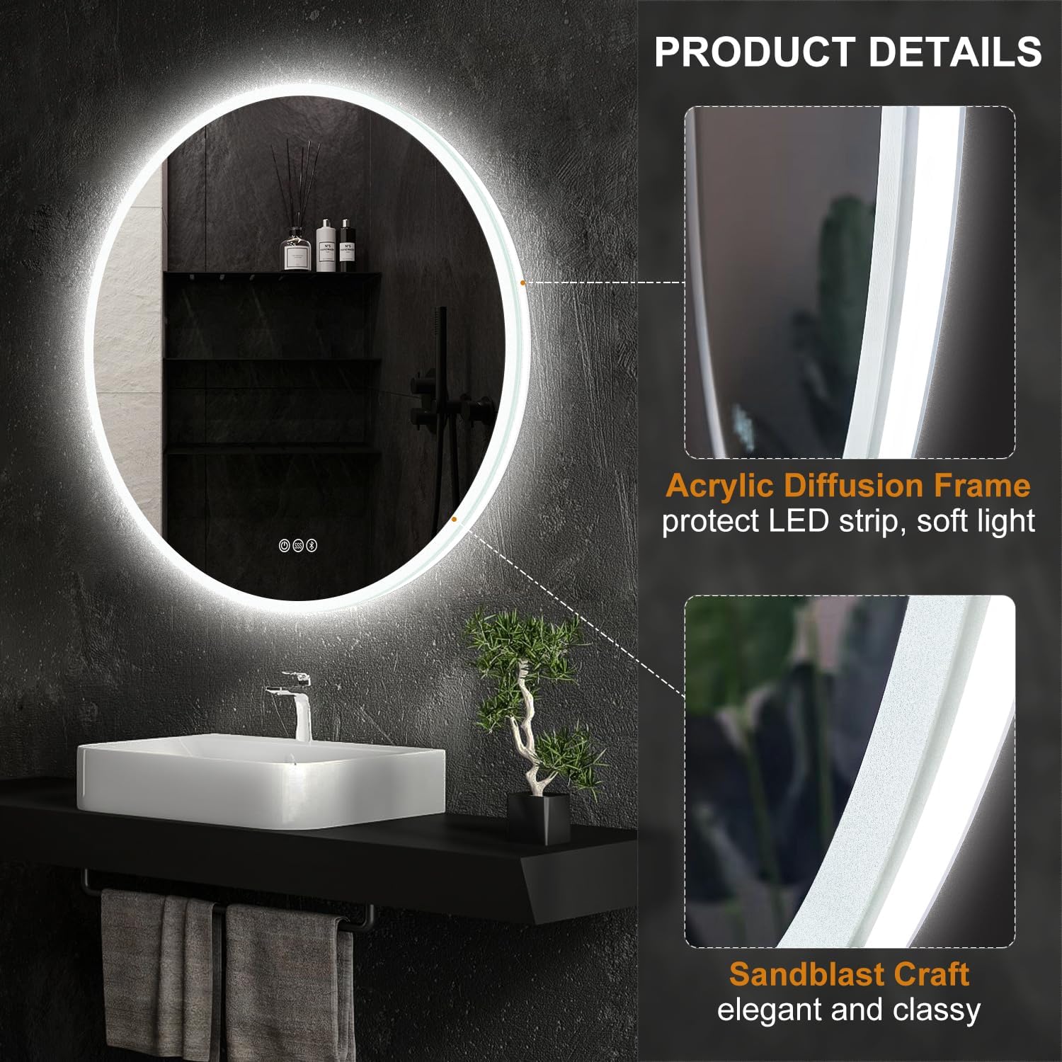 SBAGNO – Espejo de baño redondo de 32 luces con marco acrílico, espejo de baño LED de tocador montado en la pared, atenuación, cambio de color,