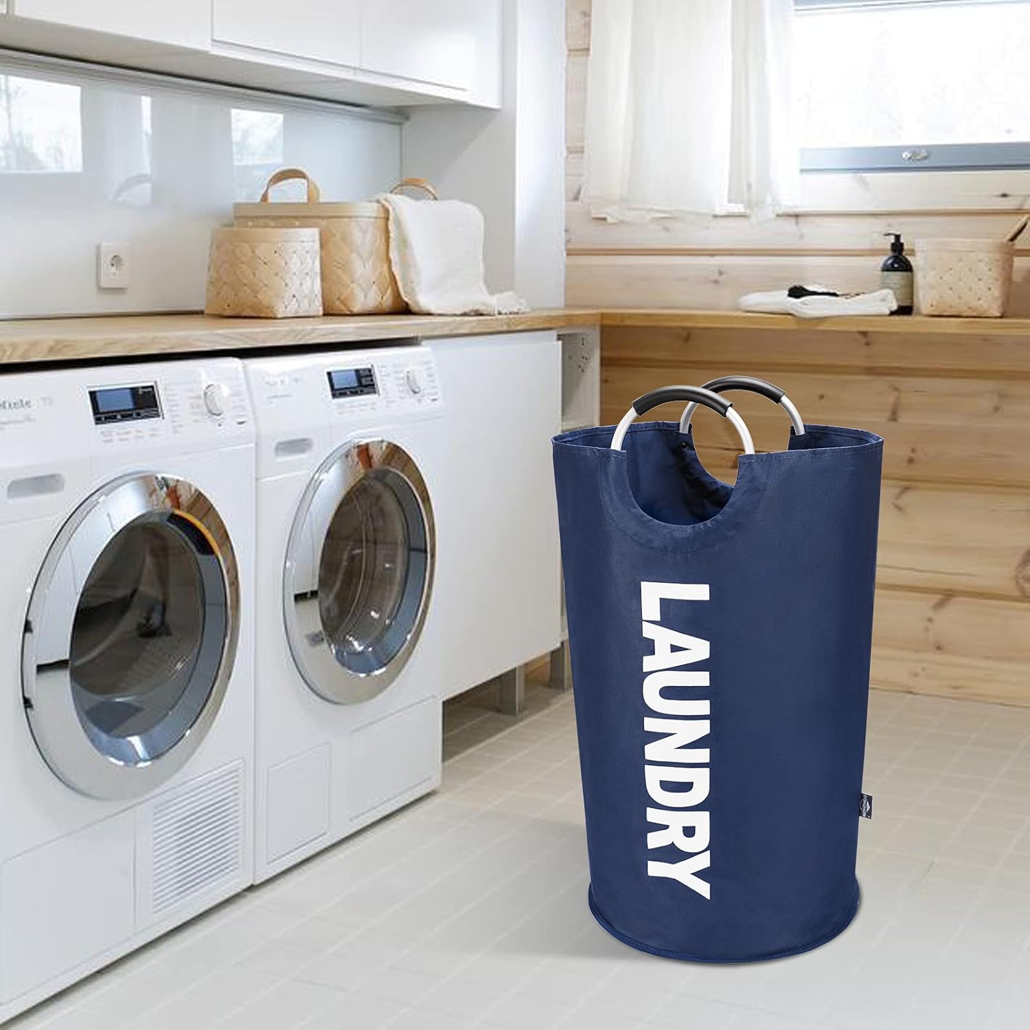 DOKEHOM – Canasta de lavandería grande de 90 litros, bolsa de lavandería plegable, canasta de ropa alta y autónoma, contenedor de lavado plegable