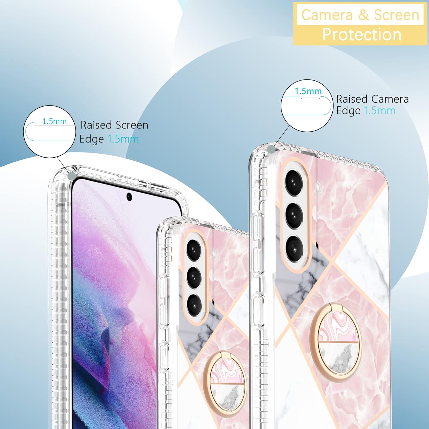 Asuwish Funda de teléfono para Samsung Galaxy S21 FE 5G con protector de pantalla y soporte de anillo de mármol, a prueba de golpes, silicona TPU,