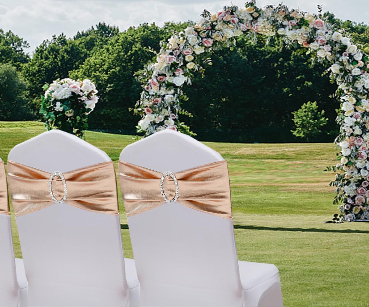 MAGTOWNE Paquete de 100 bandas de elastano para sillas de color oro rosa, lazos de elastano con hebillas deslizantes elásticas para bodas, fiestas,