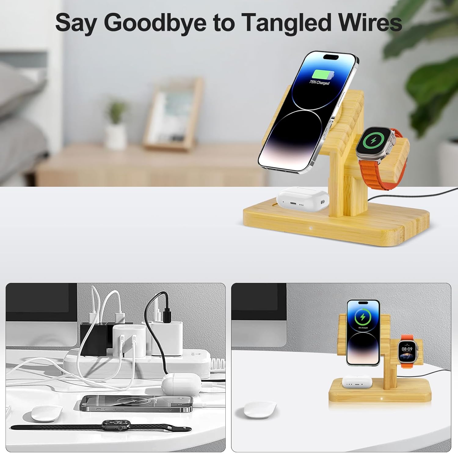 Estación de carga inalámbrica para dispositivos Apple, soporte de cargador de bambú 3 en 1, cargador inalámbrico magnético rápido de 20 W para