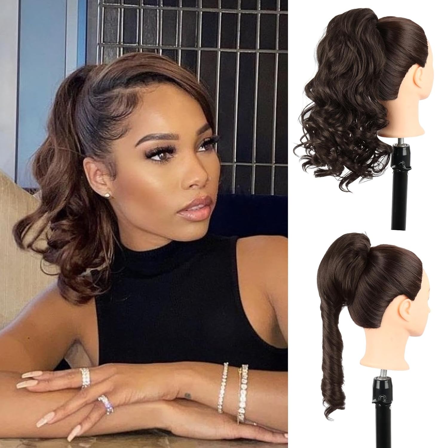 Oseti Extensión de cola de caballo rizada de 14 pulgadas, extensiones de cabello sintético corto ondulado marrón con cordón para mujer, extensiones