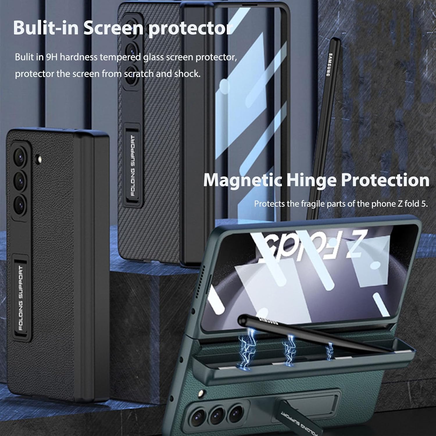 Miimall Funda para Galaxy Z Fold 5, soporte integrado para S Pen + protección magnética de bisagra+protector de pantalla+soporte de protección a