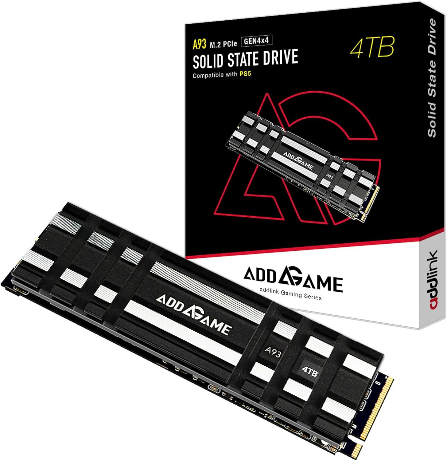Addlink Expansión de SSD M.2 A93 de 4TB para PS5 con disipador de calor, hasta 7400 MBs, caché 2280 PCIe NVMe Gen4X4 SLC (ad4TBA93M2P) Fabricado en