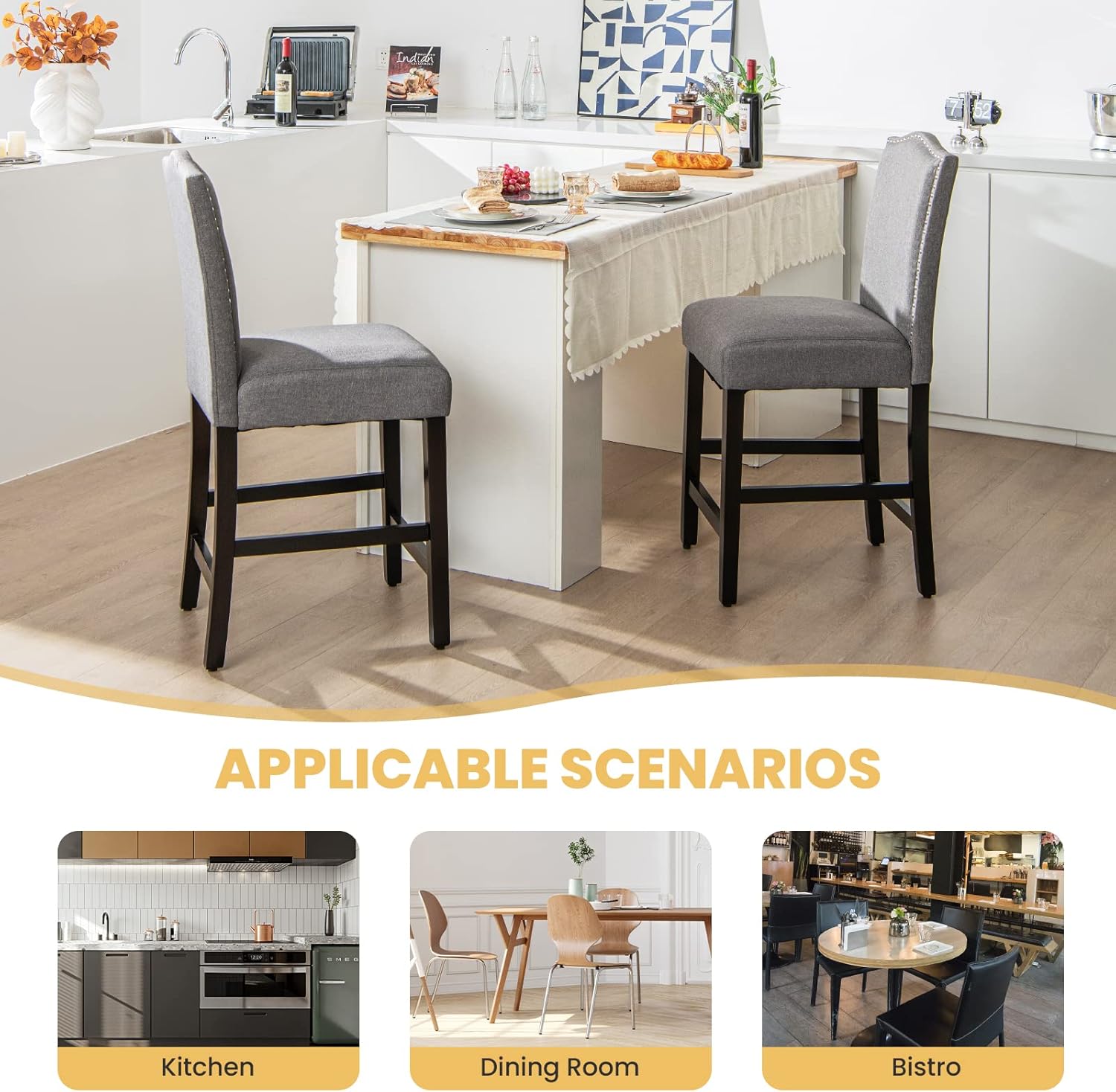 COSTWAY Juego de 4 taburetes de bar, sillas tapizadas de lino con patas de madera de goma maciza, sillas de bar de madera para isla de cocina de 25