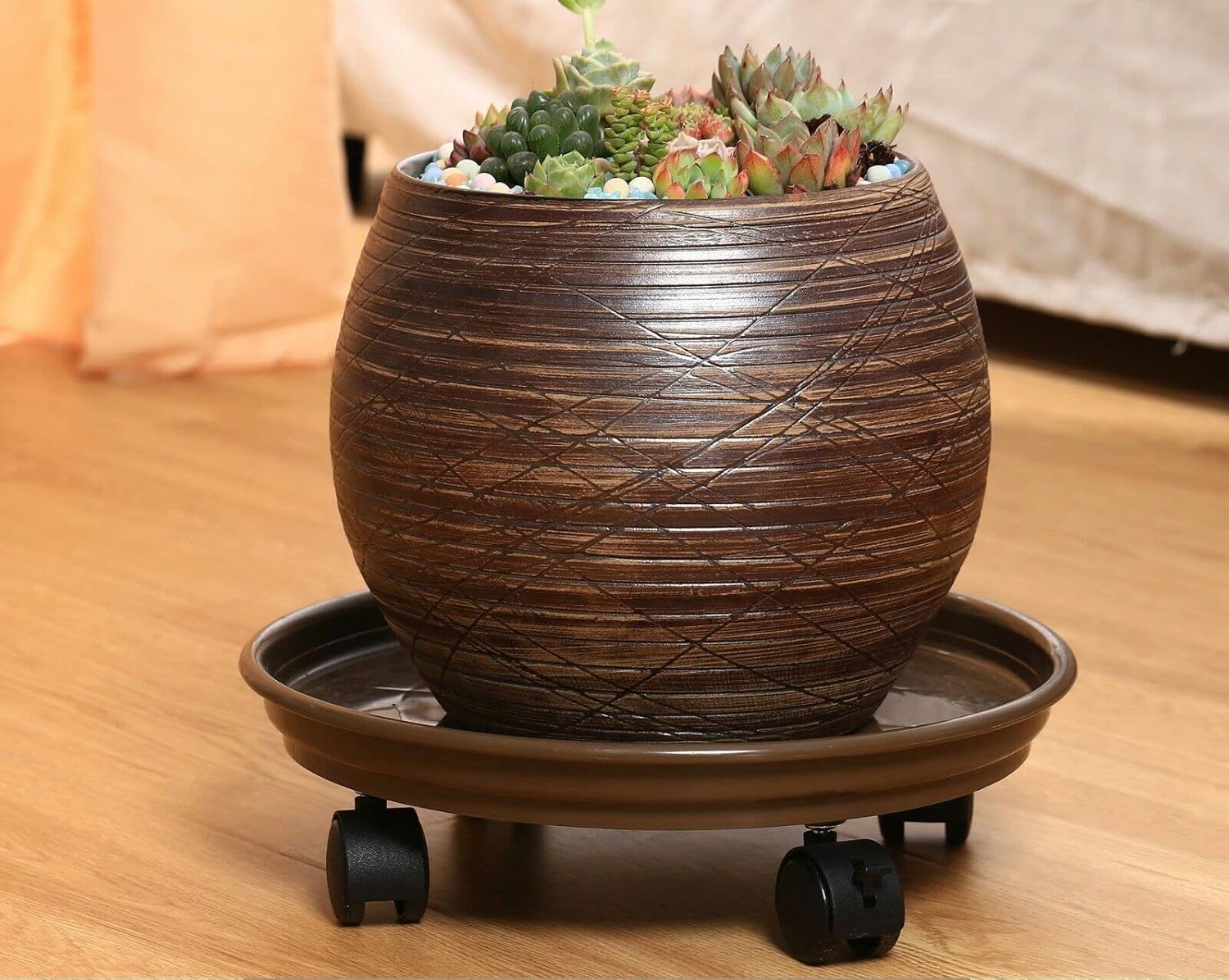 Yiting Organizador de plantas con ruedas, soporte rodante resistente para plantas con ruedas, plataforma rodante para plantas de interior y