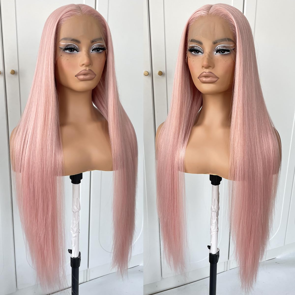 MITIMES Peluca rosa de 32 pulgadas  Peluca de encaje frontal de color rosa claro prearrancada sin pegamento sintética larga recta para mujer, peluca