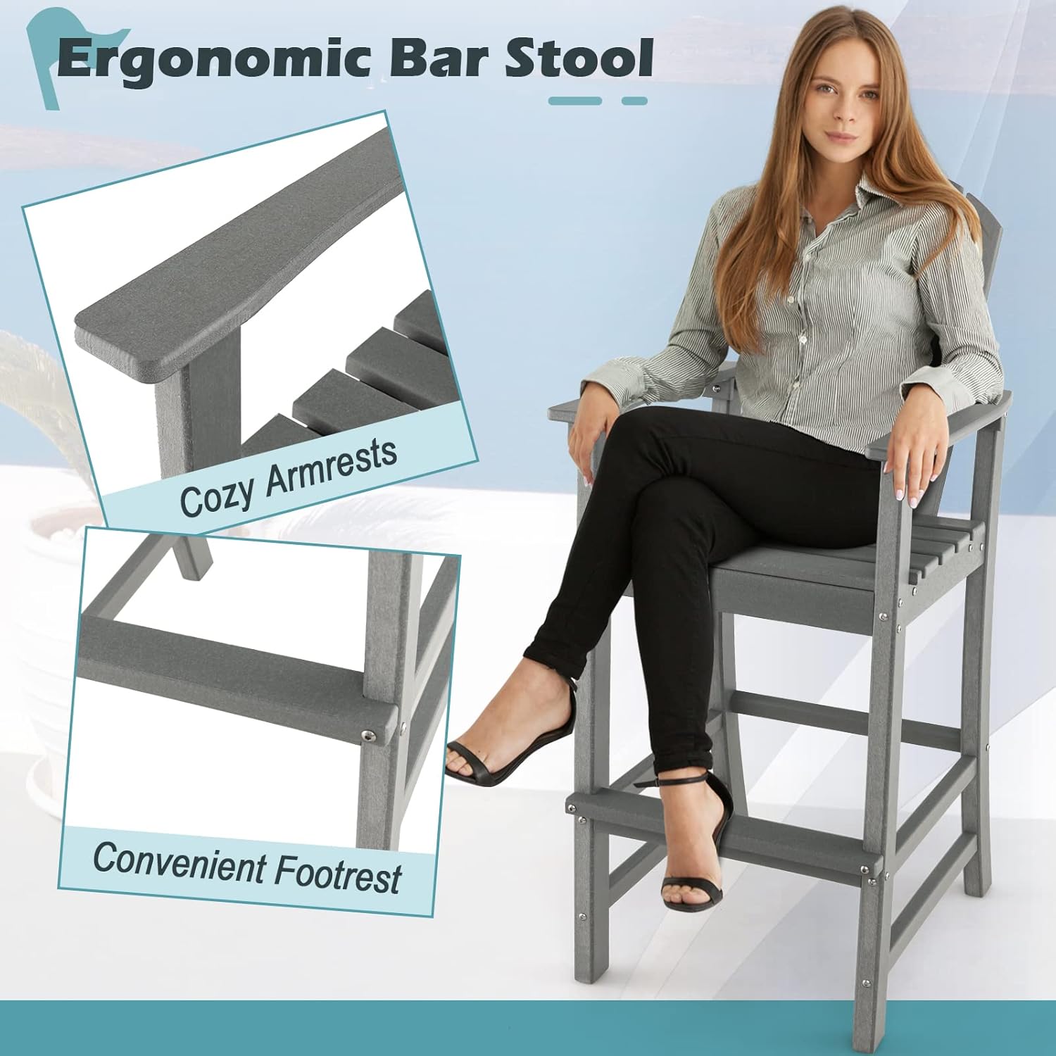 Giantex Taburete de bar HDPE para exteriores, silla Adirondack alta con reposabrazos y reposapiés, taburete de bar de 30 pulgadas de altura de