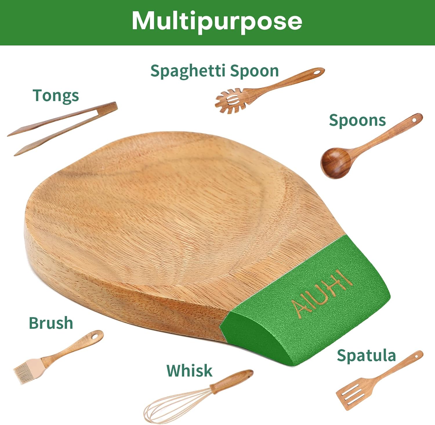 Soporte de cuchara de madera para encimera de cocina, soporte de cuchara de madera de teca natural para estufa o encimera (verde)