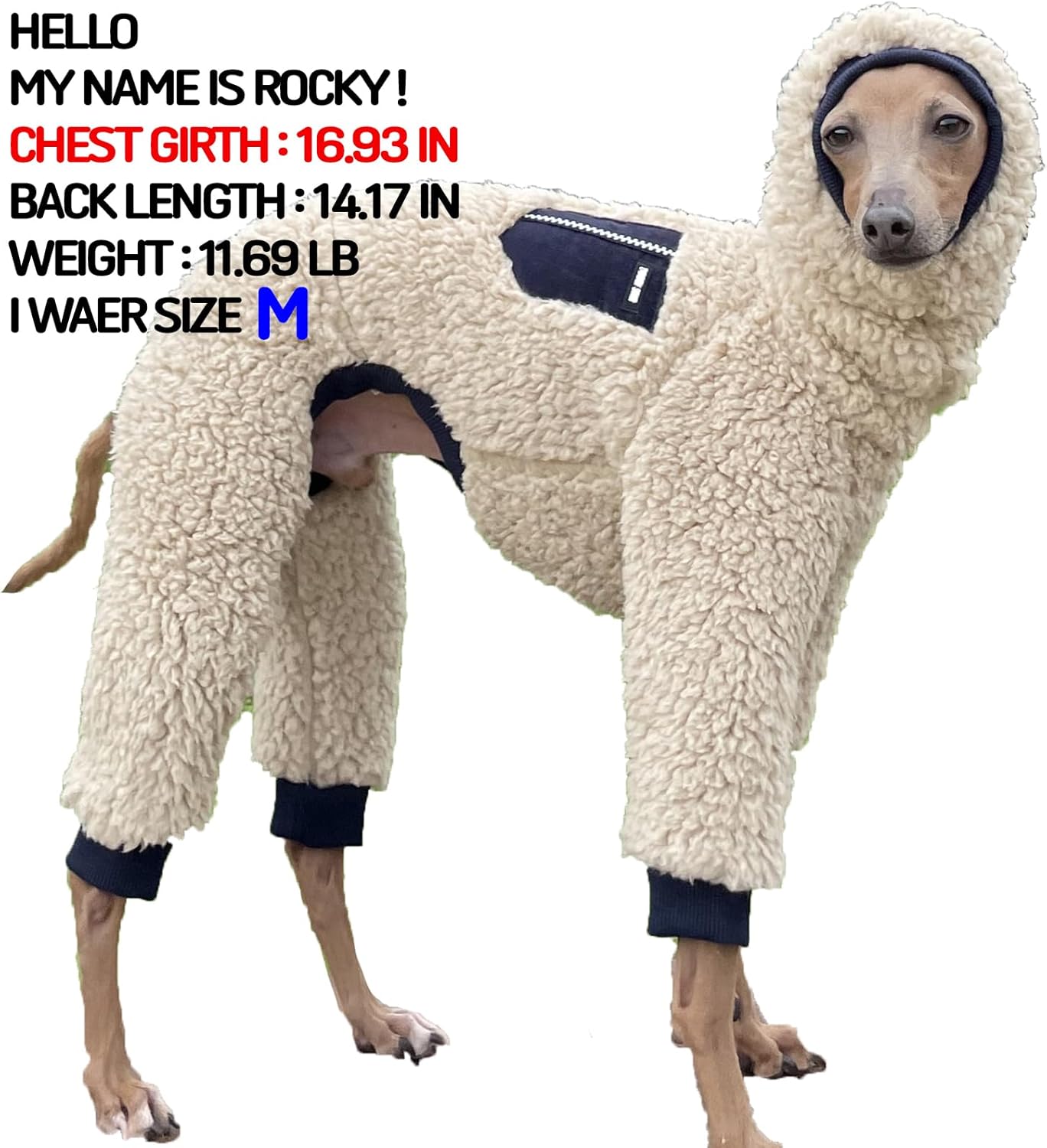 Suéter de galgo italiano de cuello alto, enterizo de forro polar cálido, ropa tipo Whippet para perro (M, azul marino)
