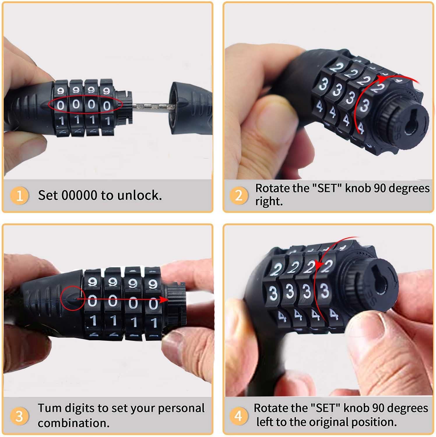 Candado de cable combinado para bicicleta, 4 dígitos, 32 pulgadas de largo, bloqueo de cable reiniciable, accesorios antirrobo para bicicleta de