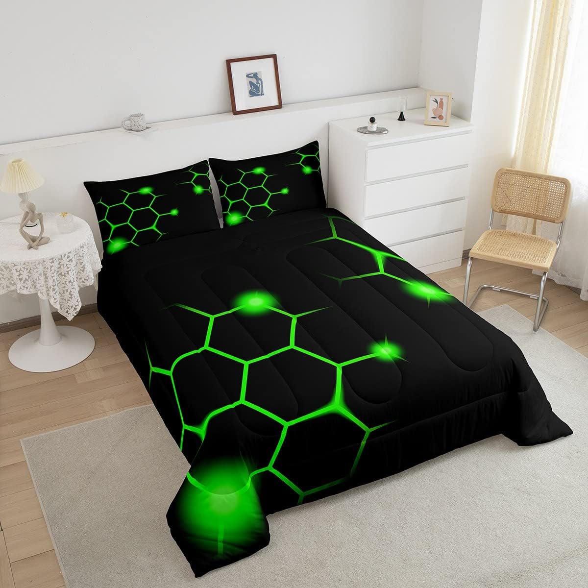 Juego de edredón hexagonal geométrico de panal para niños y adultos, color verde neón, negro, juego de edredón moderno hexagonal de colmena ultra