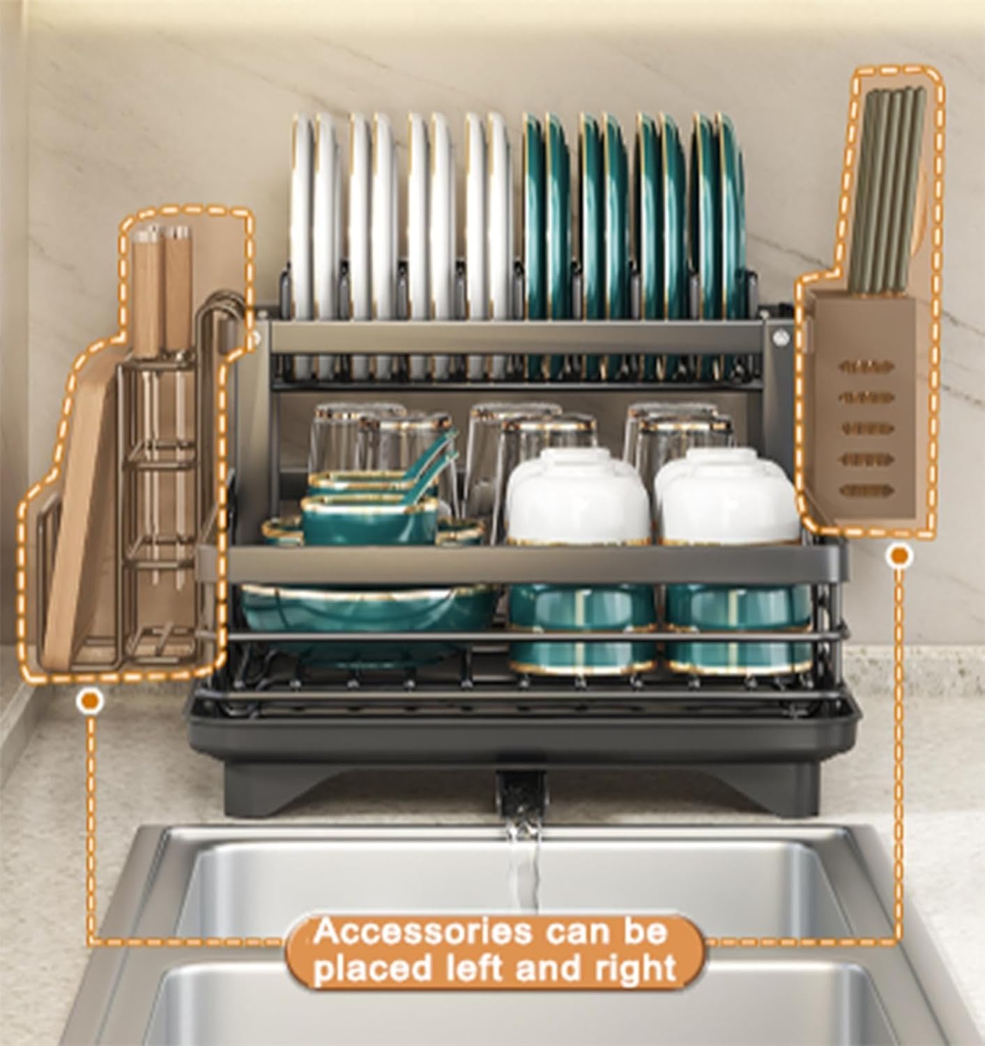 Escurridor grande de 2 niveles para encimera de cocina, escurridor de platos con soporte extraíble para utensilios, escurridor de platos desmontable