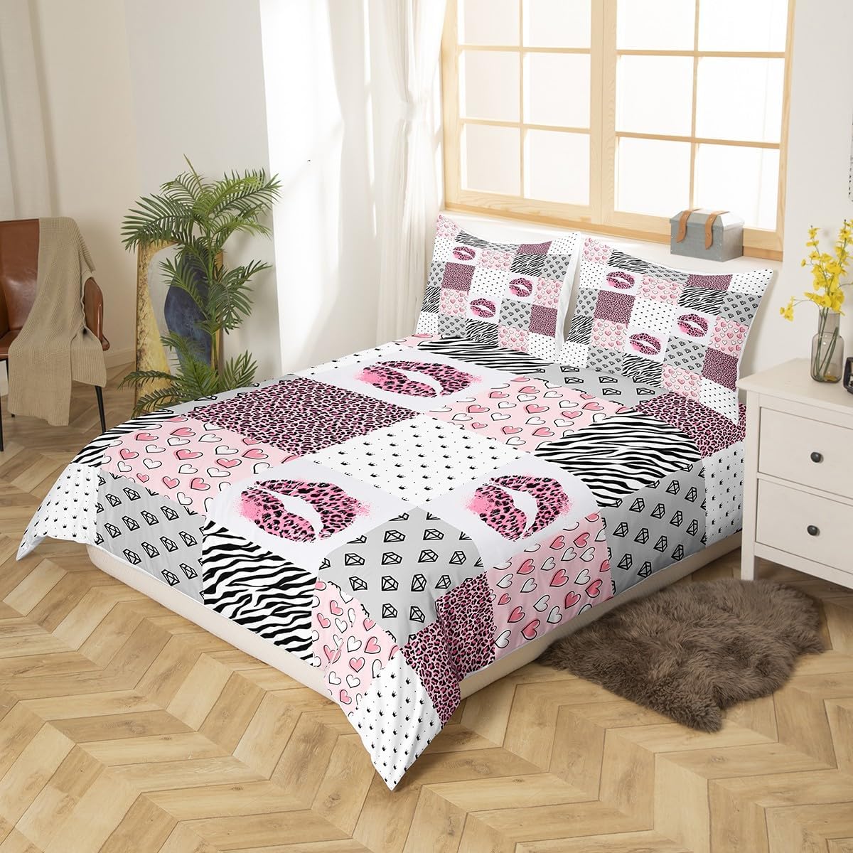 Juego de funda de edredón con estampado de leopardo rosa, tamaño individual, juego de ropa de cama con estampado de labios rosados, 2 piezas para