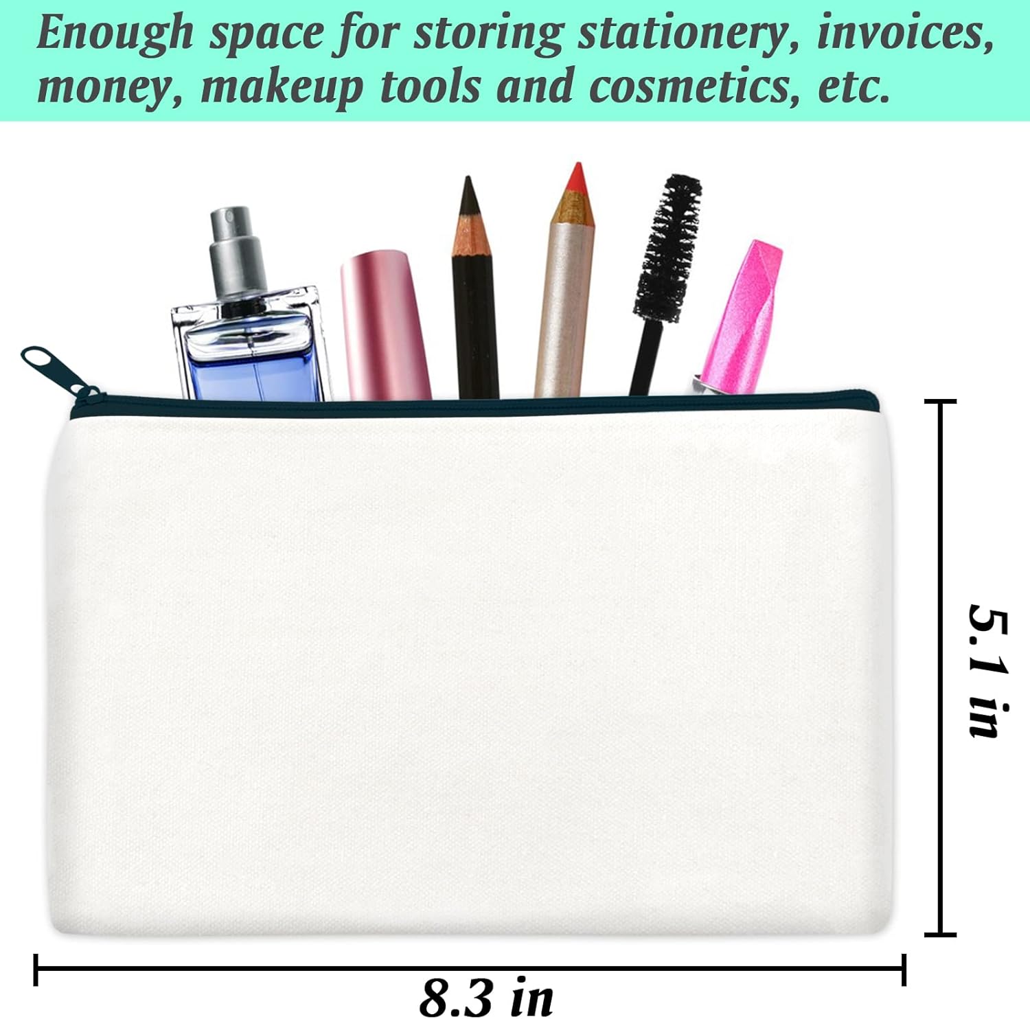 ZeeDix Bolsa de lona, bolsa de cosméticos multiusos con cremallera, bolsa de lona con cremallera para manualidades, bolsas de maquillaje en blanco,