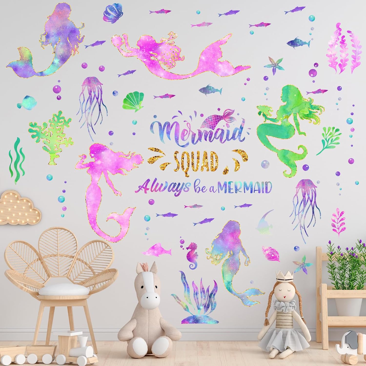 2 hojas de calcomanías de pared grandes de sirena con purpurina para niñas, calcomanías de pared de sirena para dormitorio, impermeable, decoración