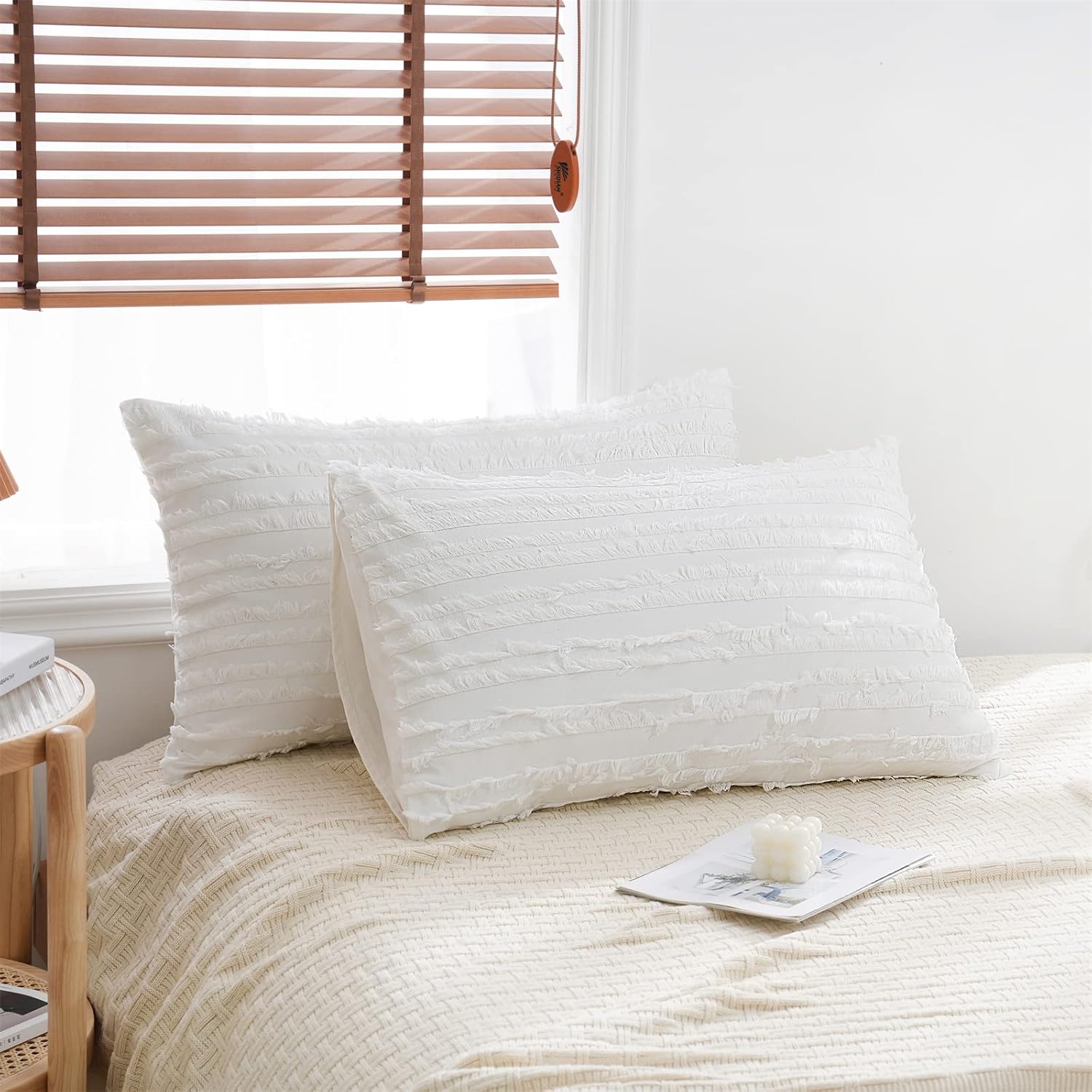 Herside Juego de 2 fundas de almohada de algodón bohemio de lino a rayas jacquard decoración de color blanco suave estándar fundas de almohada 2