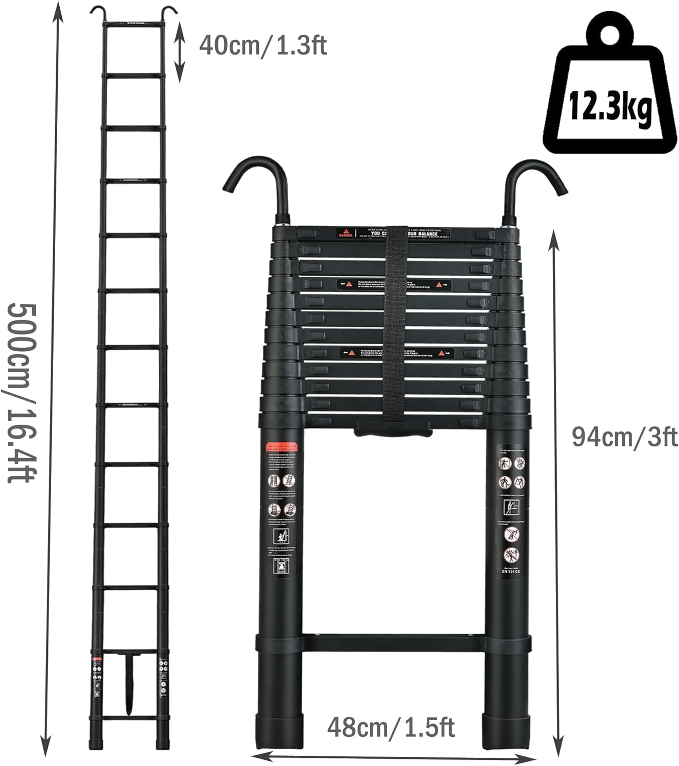 Escalera telescópica de 16.5 pies, escalera telescópica de aluminio con 2 ganchos de capacidad máxima de 330 libras, con pies antideslizantes,