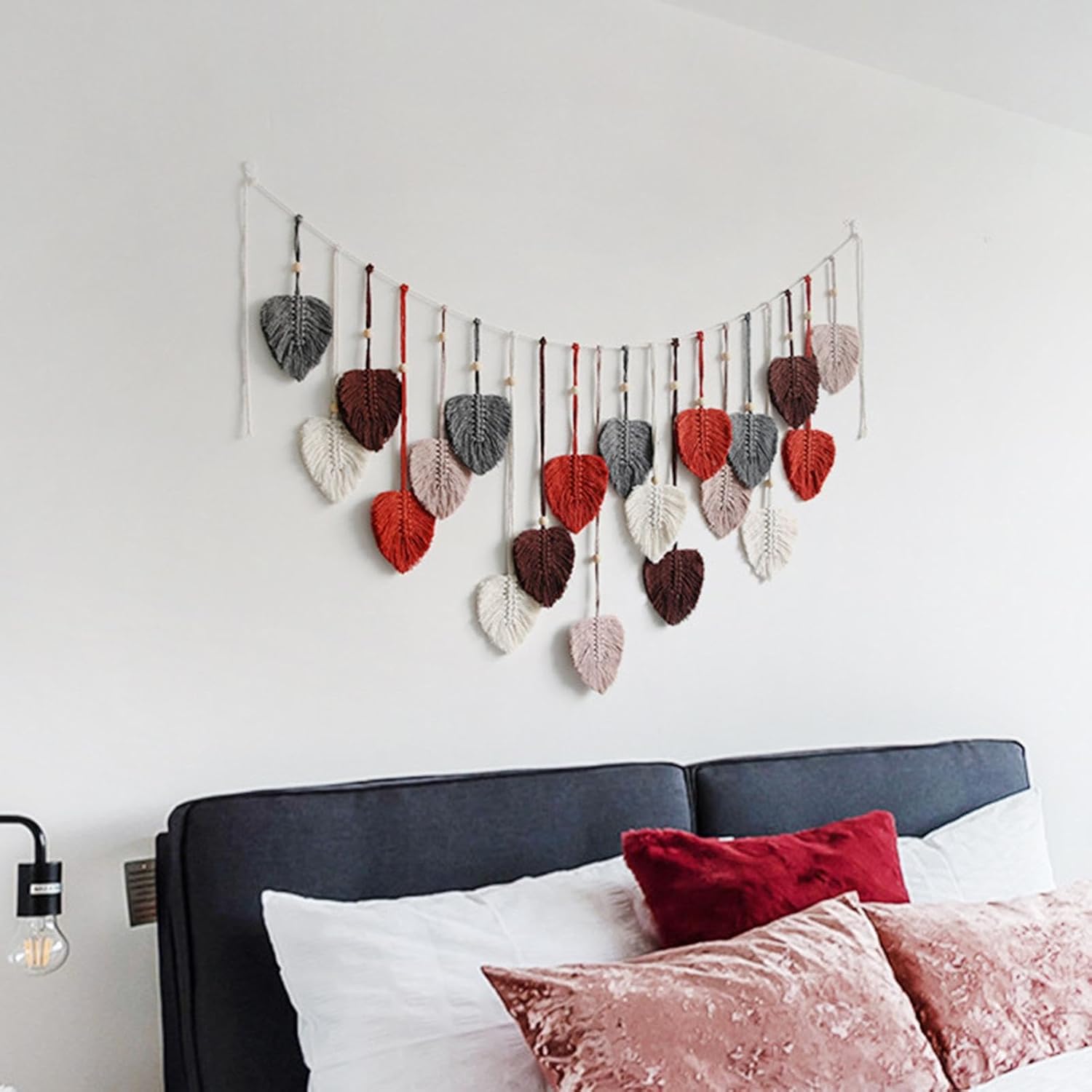 JISADER Tapiz de hojas de macramé para colgar en la pared, elegante tapiz de hojas tejidas a mano, tapiz bohemio de macramé para telón de fondo,
