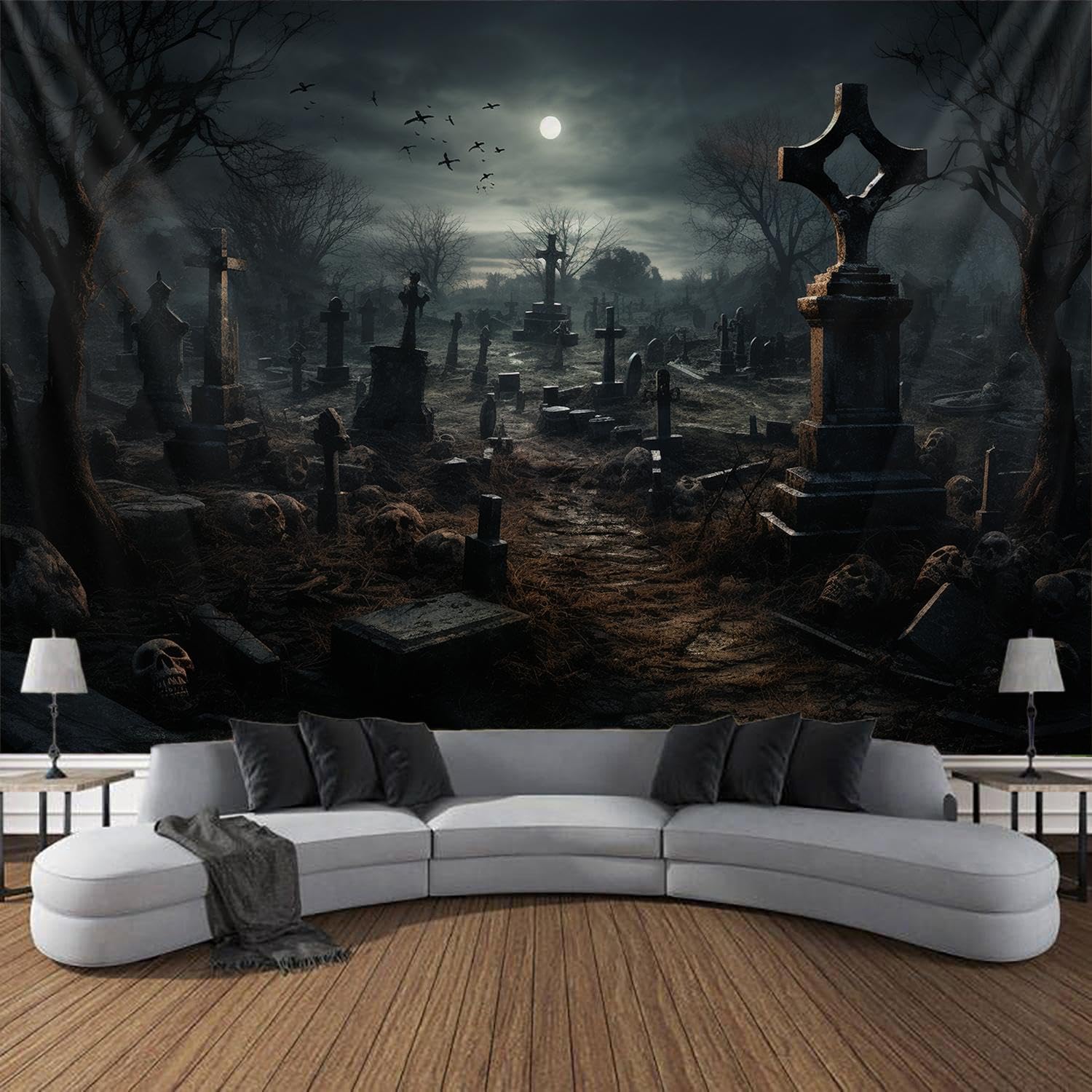 Tapiz de cementerio aterrador de Halloween, decoración grande para colgar en la pared, decoración de esqueleto de noche de muerte, decoración de