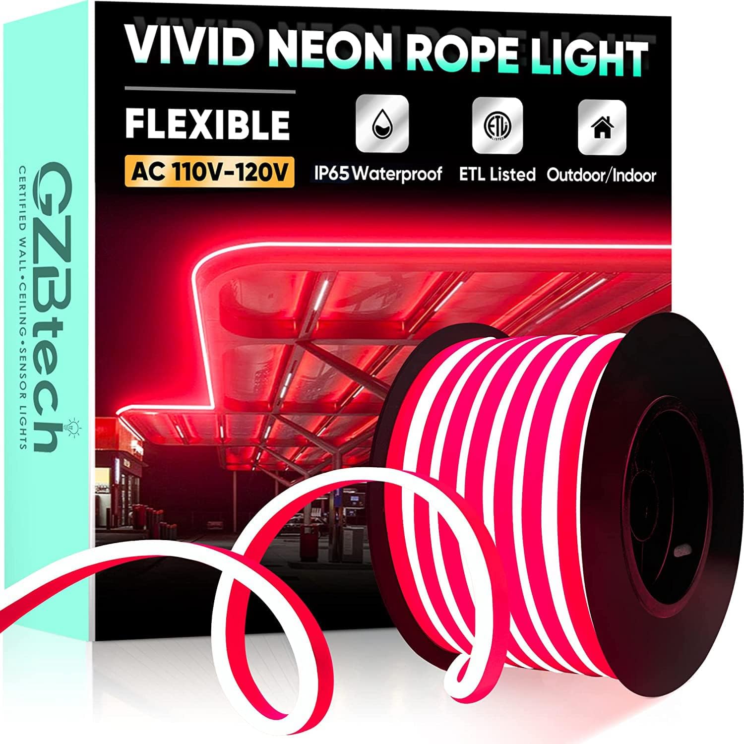GZBtech Tira de luces LED flexibles de neón de 50 pies, CA 110-120 V, impermeable, 120 LEDsM, iluminación de neón conectable para decoración del