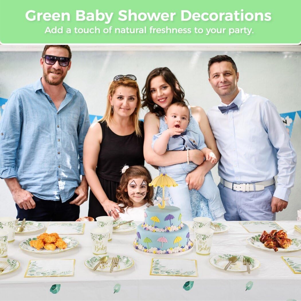 151 piezas de suministros para fiesta de baby shower, tazas de papel verde, platos, servilletas, cubiertos, kit para 25, decoración de vajilla