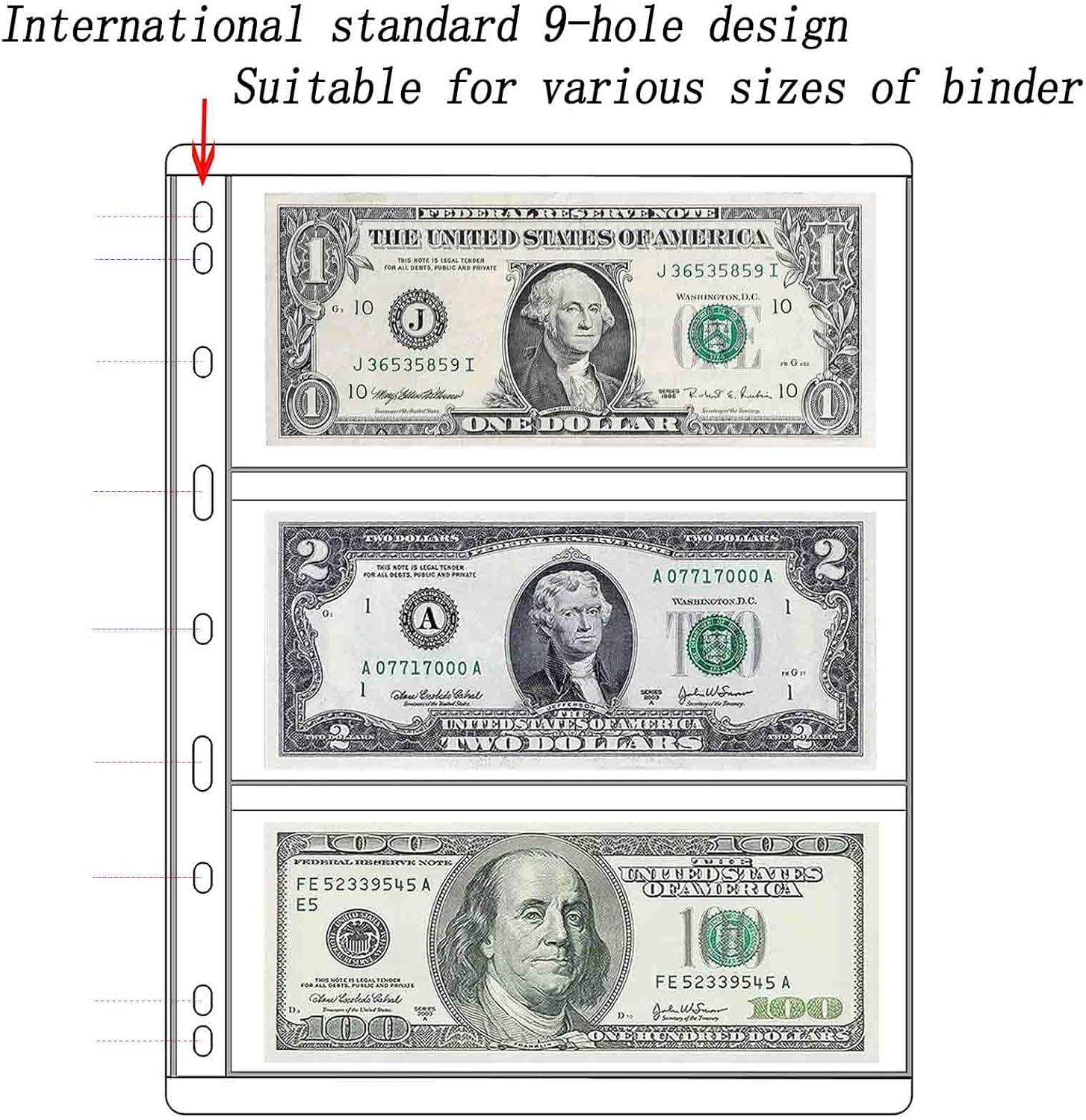 20 hojas de fundas para monedas, páginas de suministros de colección de dinero de papel, página de recolección de divisas con fundas estándar de 9